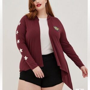 Torrid DC Comics Wonder Woman Drape Hooded Cardigan - Burgundy size 6X Plus